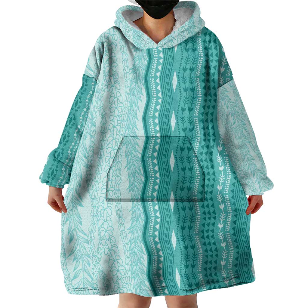 Vintage Teal Hawaiian Traditional Kapa Mix Flowers Lei Wearable Blanket Hoodie LT7 - Polynesian Pride