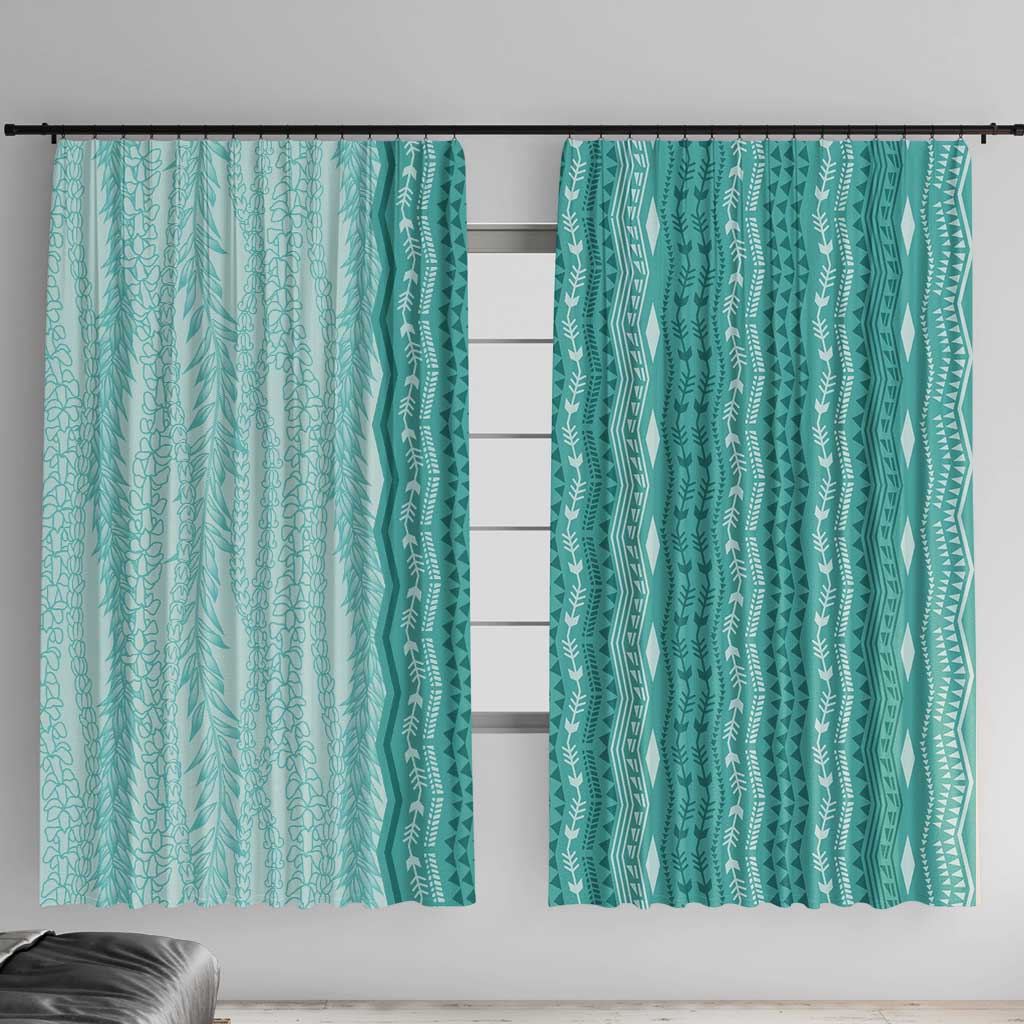 Vintage Teal Hawaiian Traditional Kapa Mix Flowers Lei Window Curtain LT7 With Hooks Teal - Polynesian Pride