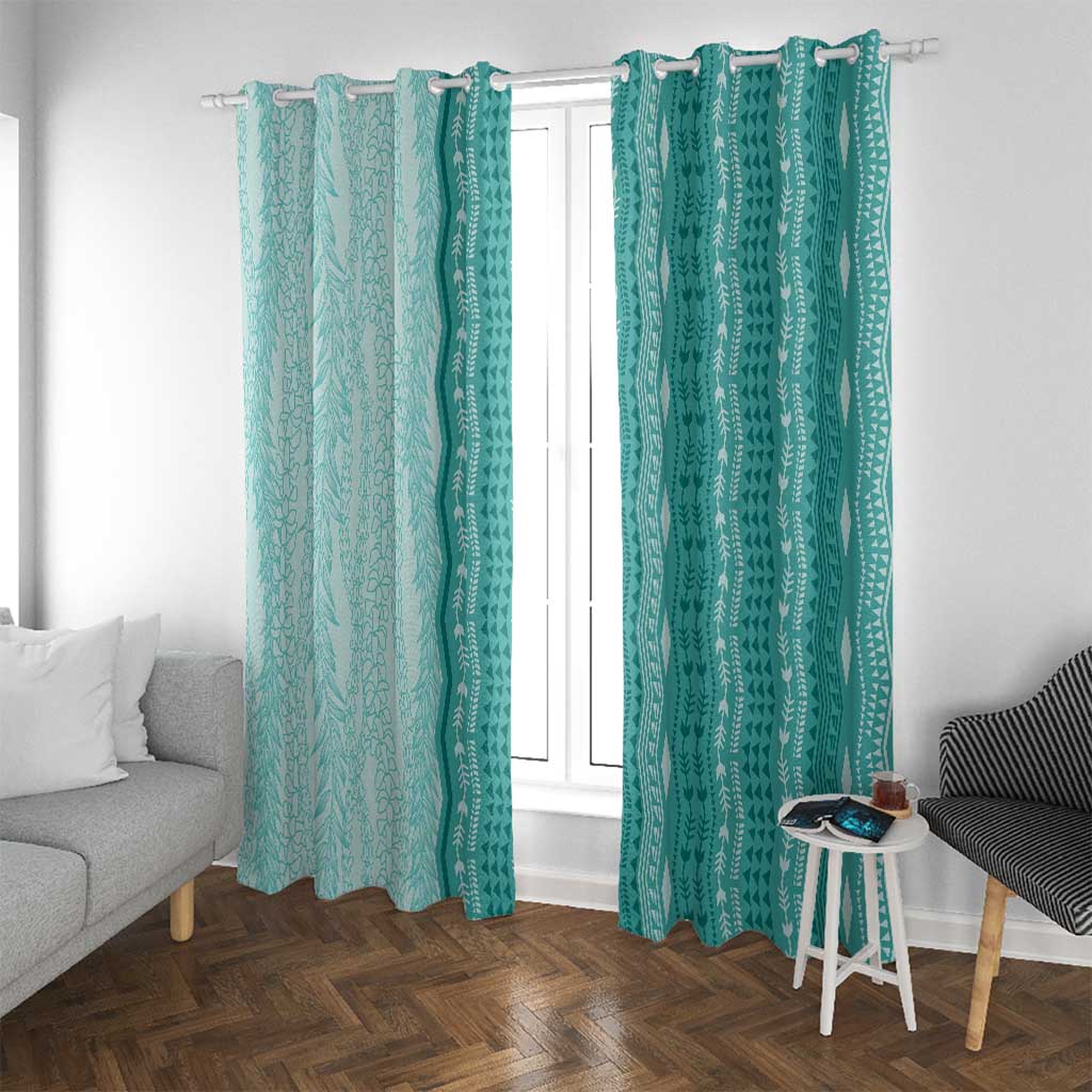 Vintage Teal Hawaiian Traditional Kapa Mix Flowers Lei Window Curtain LT7 With Grommets Teal - Polynesian Pride