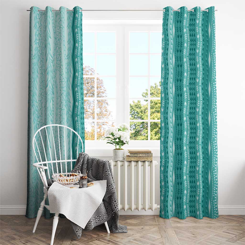 Vintage Teal Hawaiian Traditional Kapa Mix Flowers Lei Window Curtain LT7 - Polynesian Pride