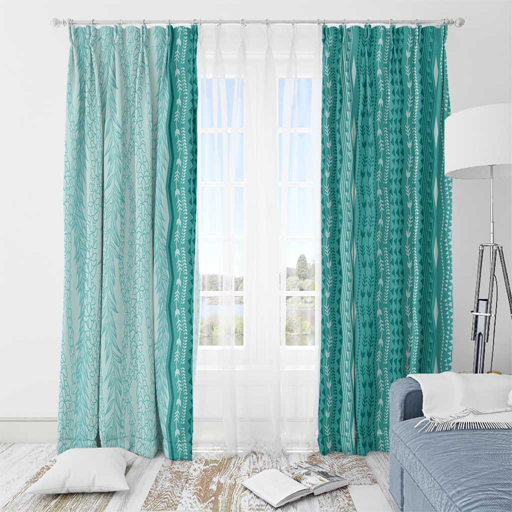 Vintage Teal Hawaiian Traditional Kapa Mix Flowers Lei Window Curtain LT7 - Polynesian Pride