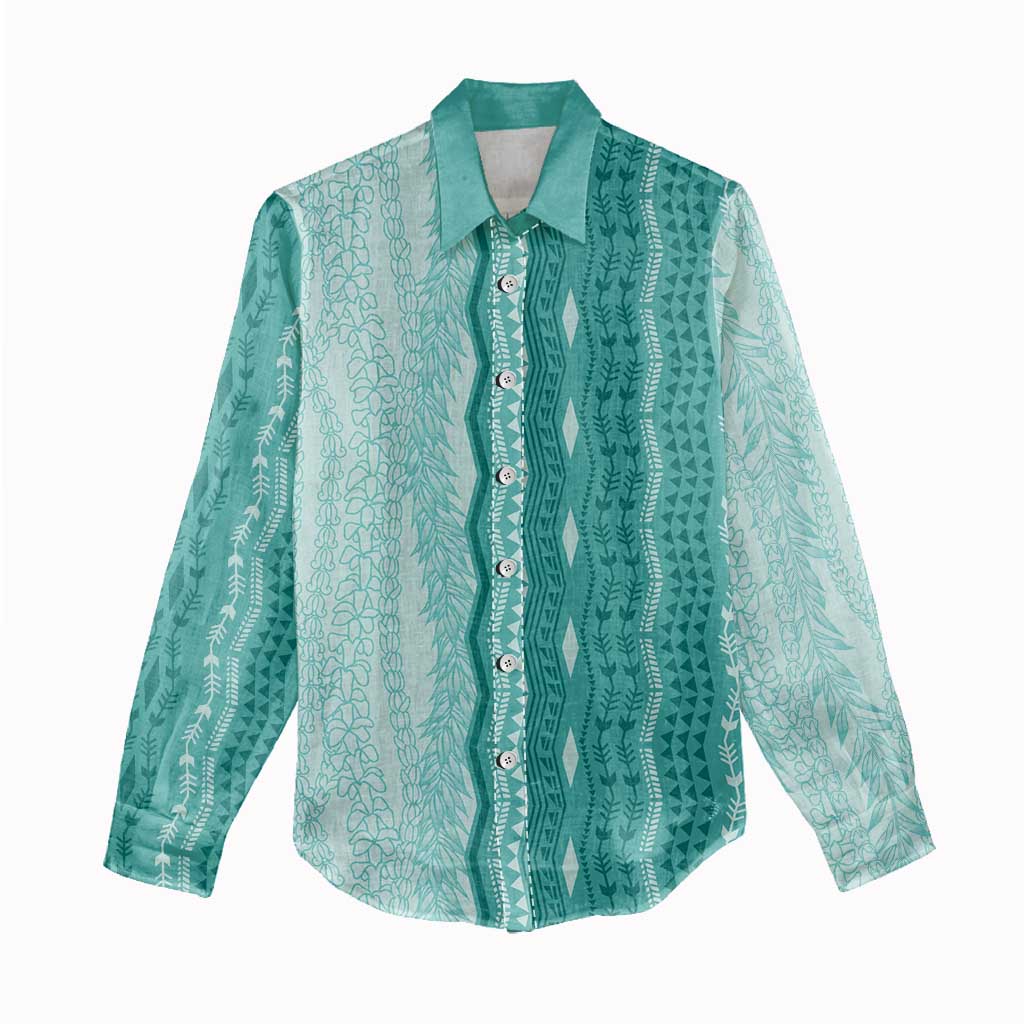 Vintage Teal Hawaiian Traditional Kapa Mix Flowers Lei Women Casual Shirt LT7 - Polynesian Pride