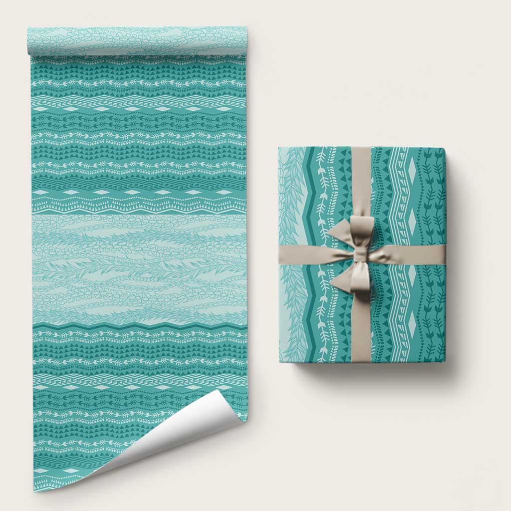 Vintage Teal Hawaiian Traditional Kapa Mix Flowers Lei Wrapping Paper LT7 58" × 23" Teal - Polynesian Pride