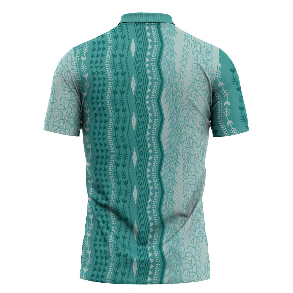Vintage Teal Hawaiian Traditional Kapa Mix Flowers Lei Zipper Polo Shirt
