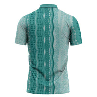Vintage Teal Hawaiian Traditional Kapa Mix Flowers Lei Zipper Polo Shirt