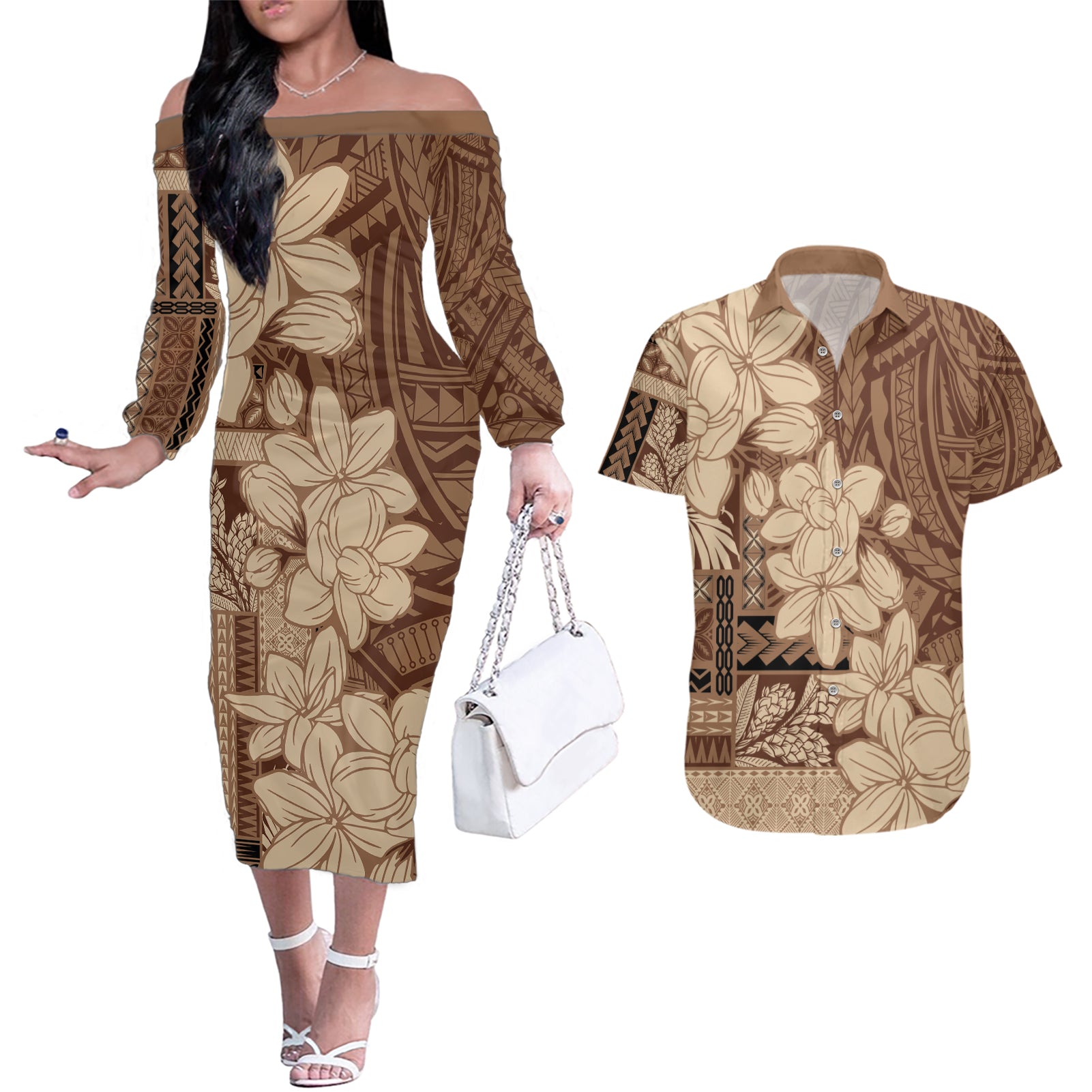 Samoa Women's Day Couples Matching Off The Shoulder Long Sleeve Dress and Hawaiian Shirt Tiale Flower Mix Siapo Tapa LT7 Beige - Polynesian Pride