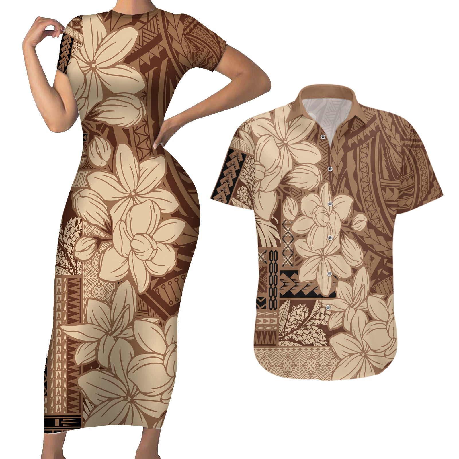 Samoa Women's Day Couples Matching Short Sleeve Bodycon Dress and Hawaiian Shirt Tiale Flower Mix Siapo Tapa LT7 Beige - Polynesian Pride