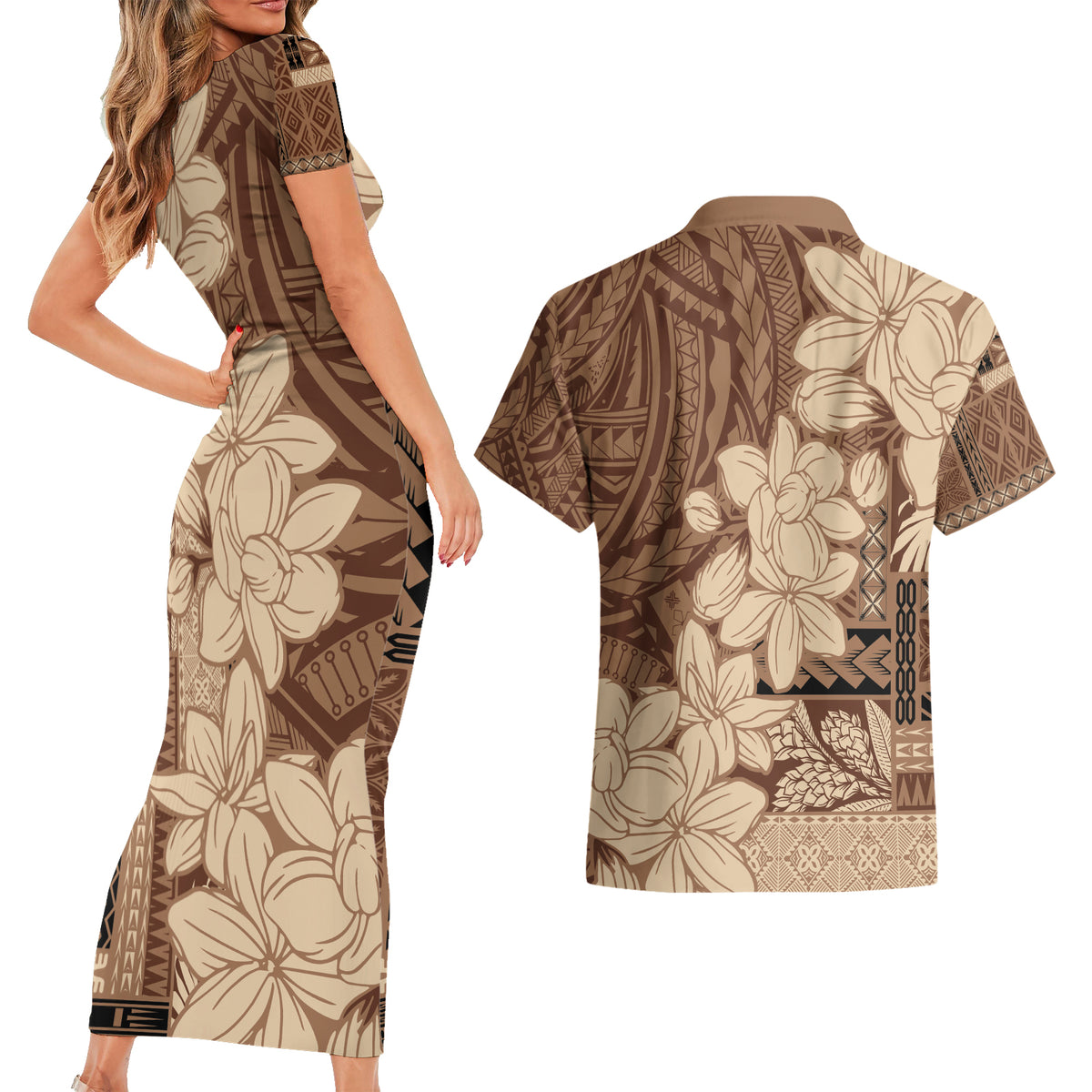 Samoa Women's Day Couples Matching Short Sleeve Bodycon Dress and Hawaiian Shirt Tiale Flower Mix Siapo Tapa LT7 - Polynesian Pride