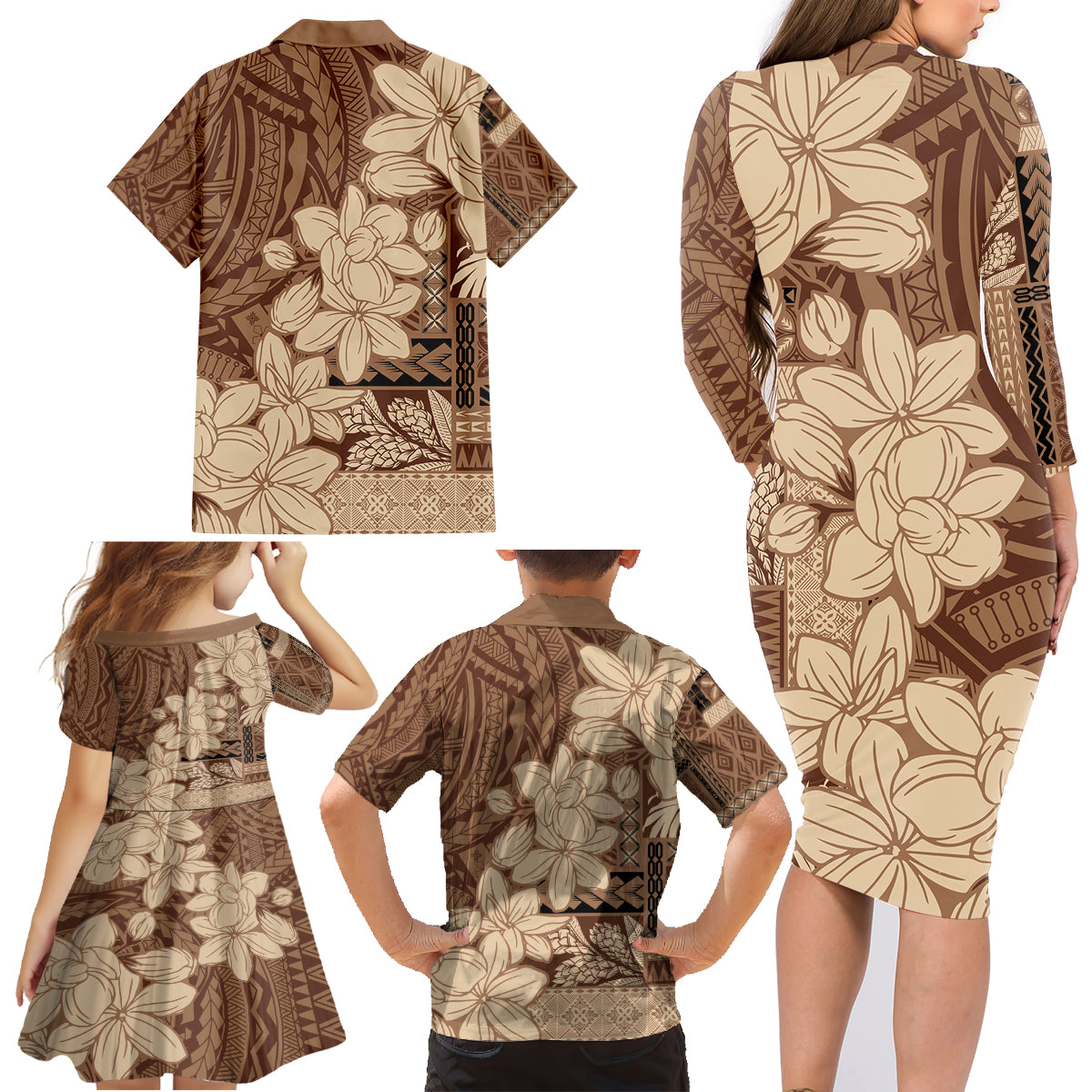 Samoa Women's Day Family Matching Long Sleeve Bodycon Dress and Hawaiian Shirt Tiale Flower Mix Siapo Tapa LT7 - Polynesian Pride