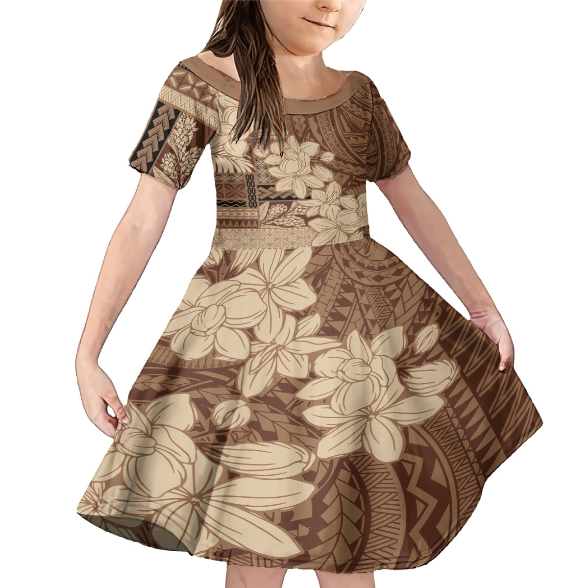 Samoa Women's Day Family Matching Mermaid Dress and Hawaiian Shirt Tiale Flower Mix Siapo Tapa LT7 Daughter's Dress Beige - Polynesian Pride