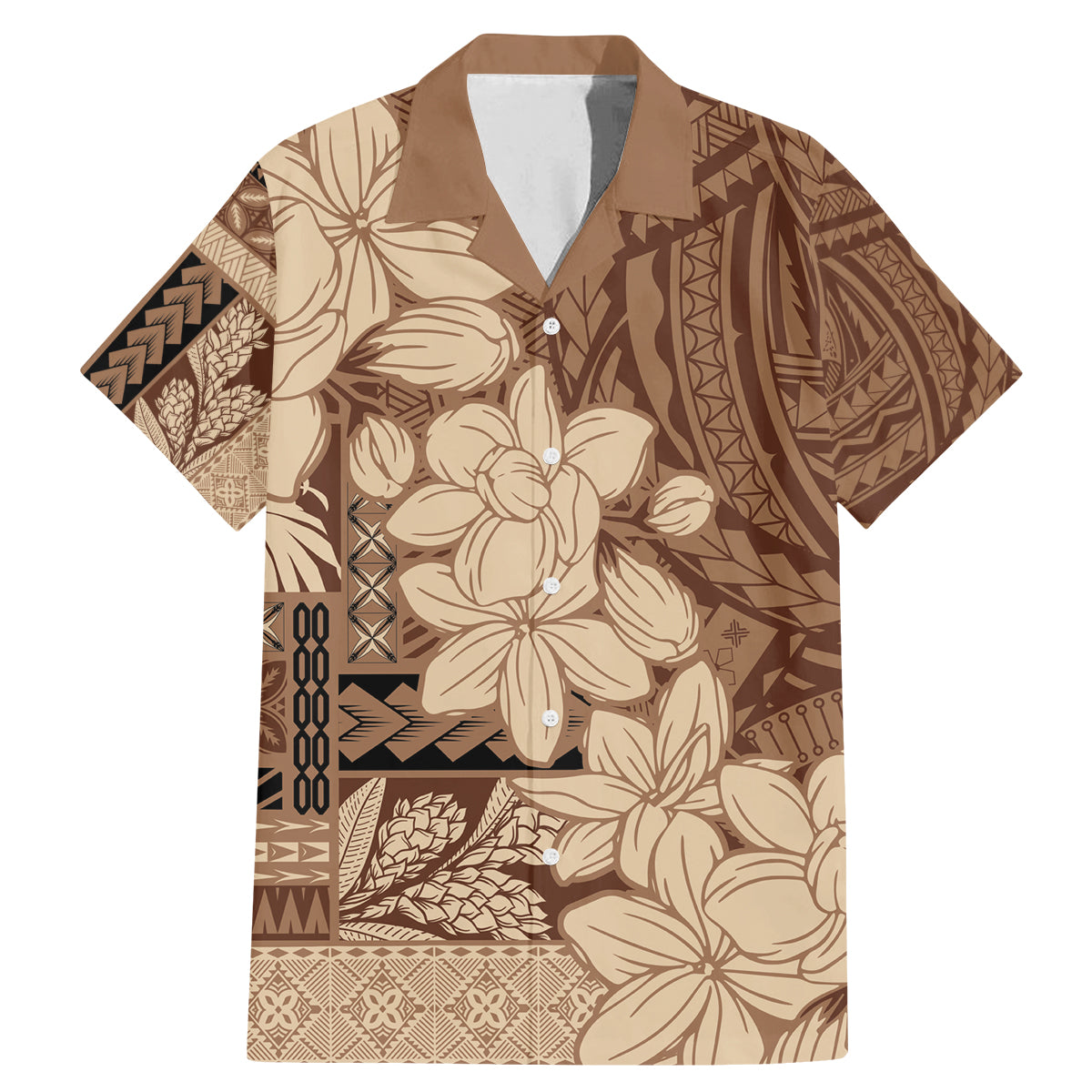Samoa Women's Day Family Matching Mermaid Dress and Hawaiian Shirt Tiale Flower Mix Siapo Tapa LT7 Dad's Shirt - Short Sleeve Beige - Polynesian Pride