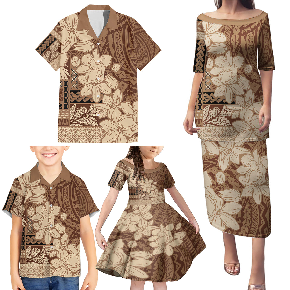 Samoa Women's Day Family Matching Puletasi and Hawaiian Shirt Tiale Flower Mix Siapo Tapa LT7 - Polynesian Pride