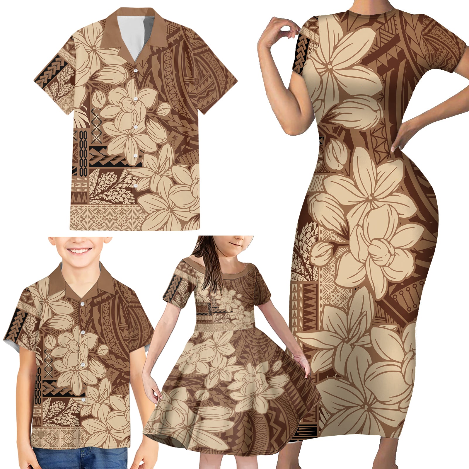 Samoa Women's Day Family Matching Short Sleeve Bodycon Dress and Hawaiian Shirt Tiale Flower Mix Siapo Tapa LT7 - Polynesian Pride