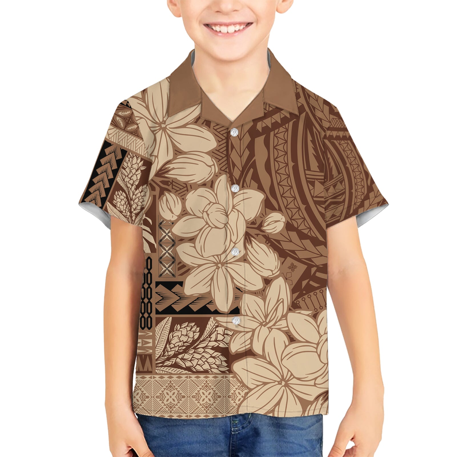 Samoa Women's Day Kid Hawaiian Shirt Tiale Flower Mix Siapo Tapa LT7 Kid Beige - Polynesian Pride