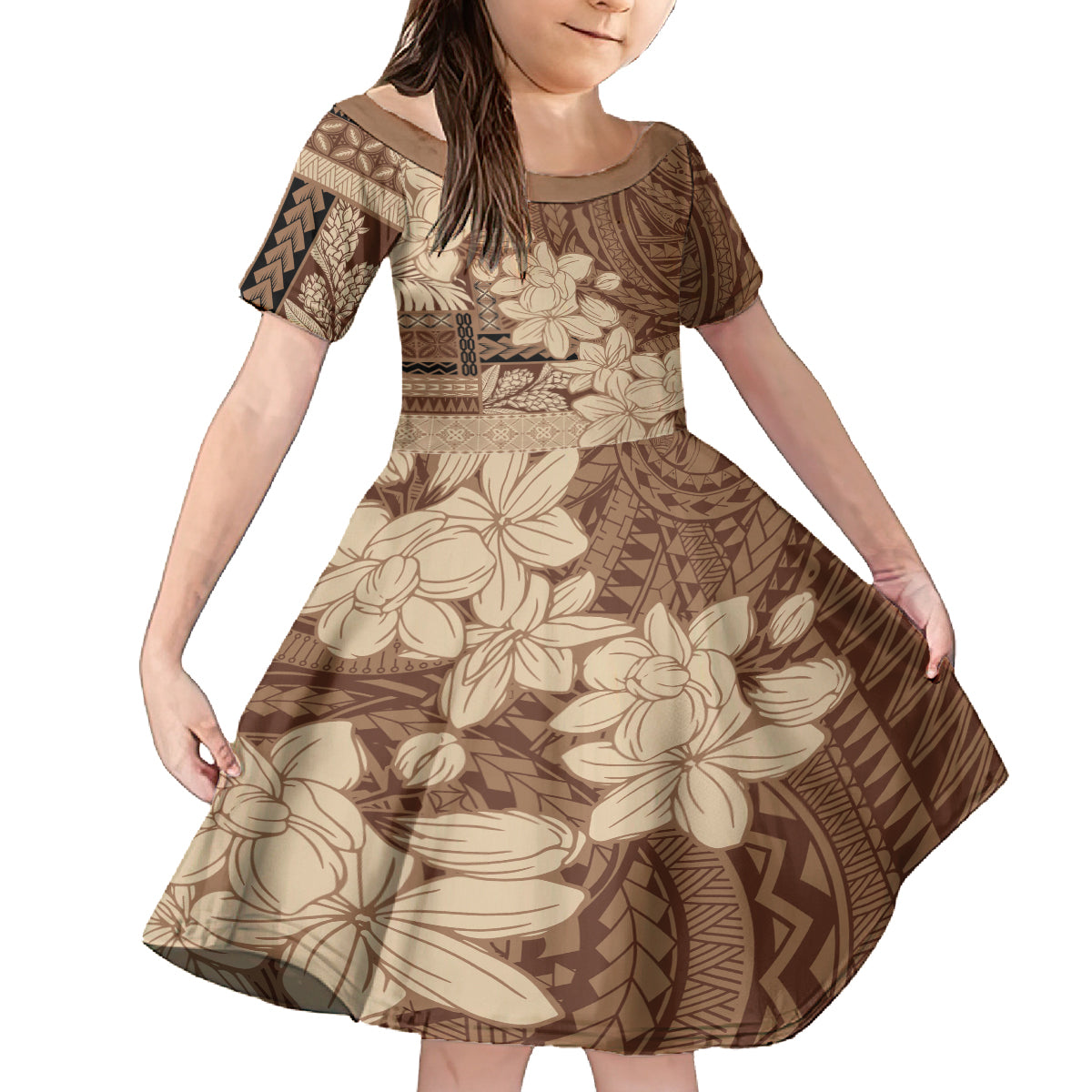 Samoa Women's Day Kid Short Sleeve Dress Tiale Flower Mix Siapo Tapa LT7 KID Beige - Polynesian Pride