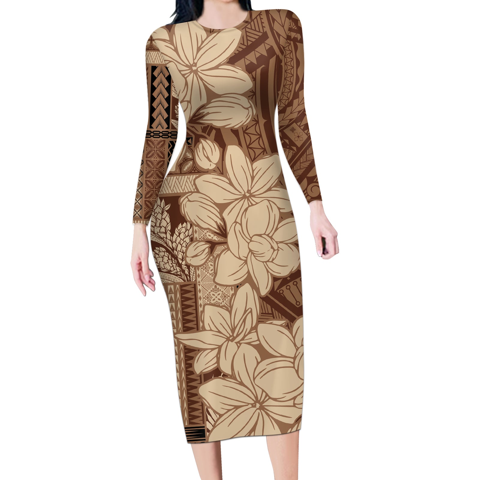 Samoa Women's Day Long Sleeve Bodycon Dress Tiale Flower Mix Siapo Tapa LT7 Long Dress Beige - Polynesian Pride