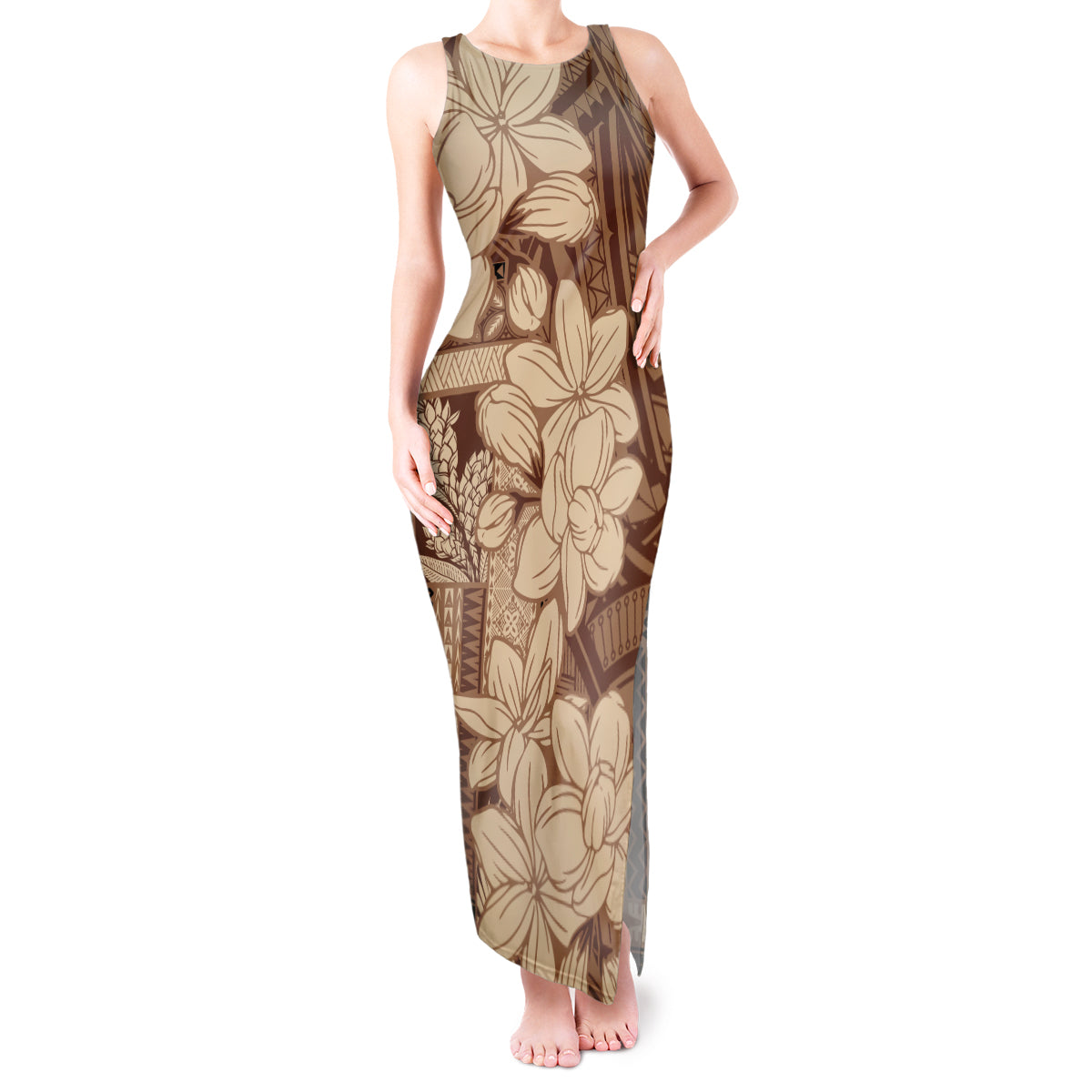 Samoa Women's Day Tank Maxi Dress Tiale Flower Mix Siapo Tapa LT7 Women Beige - Polynesian Pride