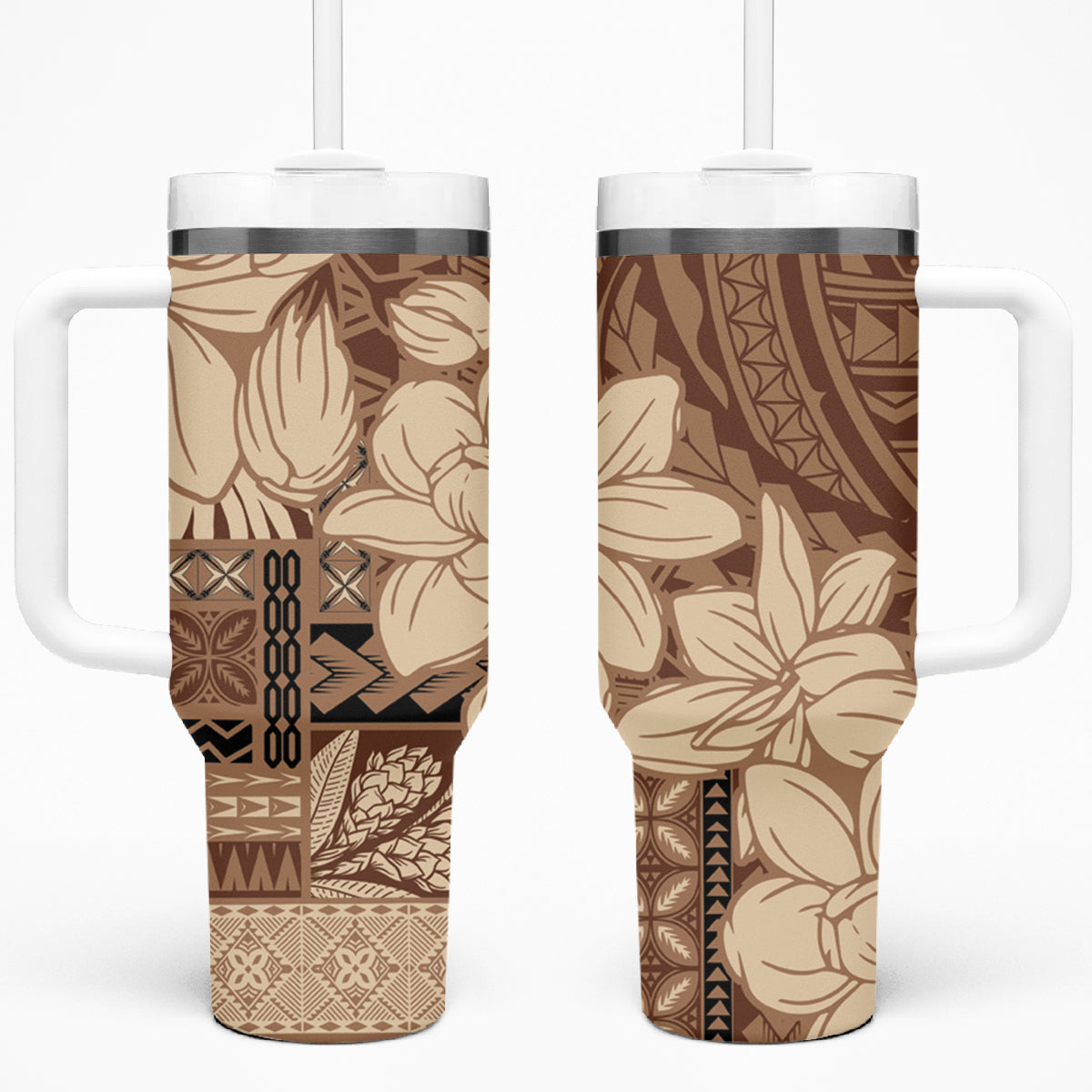 Samoa Women's Day Tumbler With Handle Tiale Flower Mix Siapo Tapa