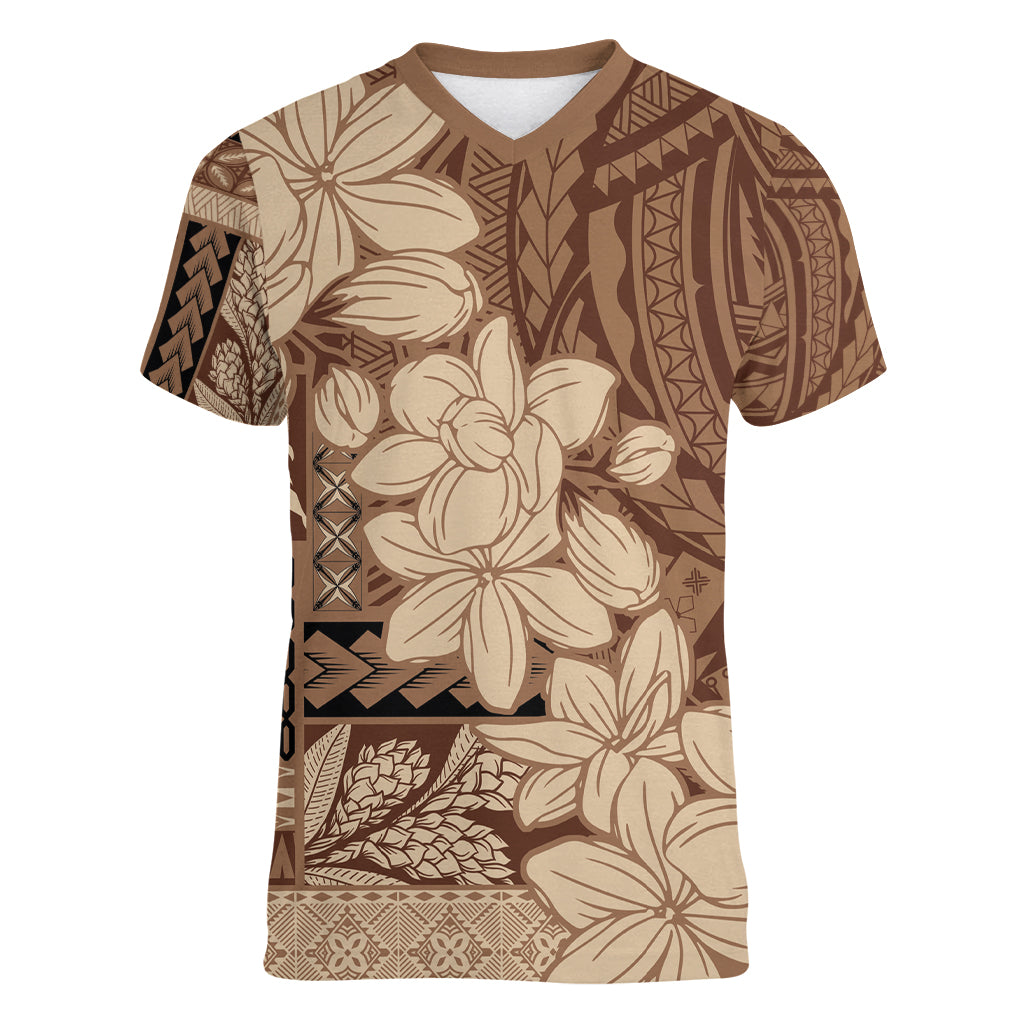 Samoa Women's Day Women V Neck T Shirt Tiale Flower Mix Siapo Tapa LT7 Female Beige - Polynesian Pride