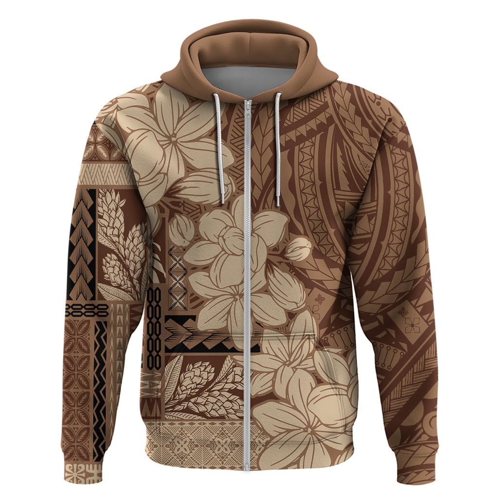 Samoa Women's Day Zip Hoodie Tiale Flower Mix Siapo Tapa LT7 Zip Hoodie Beige - Polynesian Pride