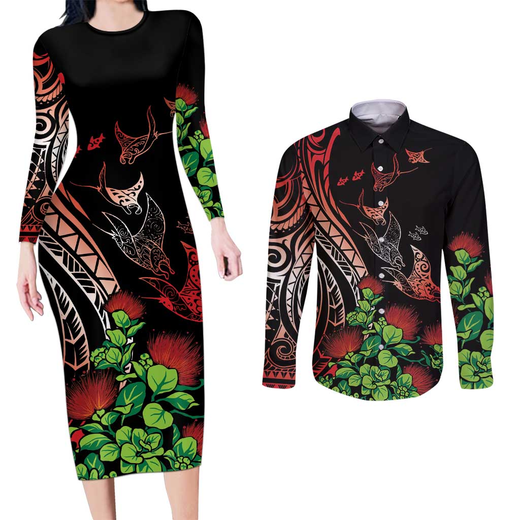 Aloha Hawaii Manta Rays Couples Matching Long Sleeve Bodycon Dress and Long Sleeve Button Shirt Red Ohia Lehua LT7 Red - Polynesian Pride