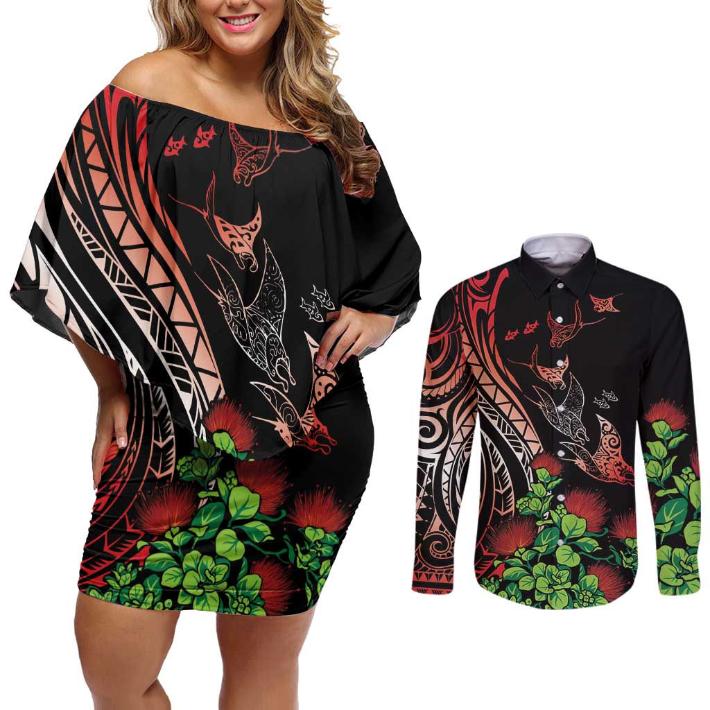 Aloha Hawaii Manta Rays Couples Matching Off Shoulder Short Dress and Long Sleeve Button Shirt Red Ohia Lehua LT7 Red - Polynesian Pride