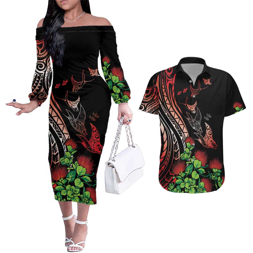 Aloha Hawaii Manta Rays Couples Matching Off The Shoulder Long Sleeve Dress and Hawaiian Shirt Red Ohia Lehua LT7 Red - Polynesian Pride