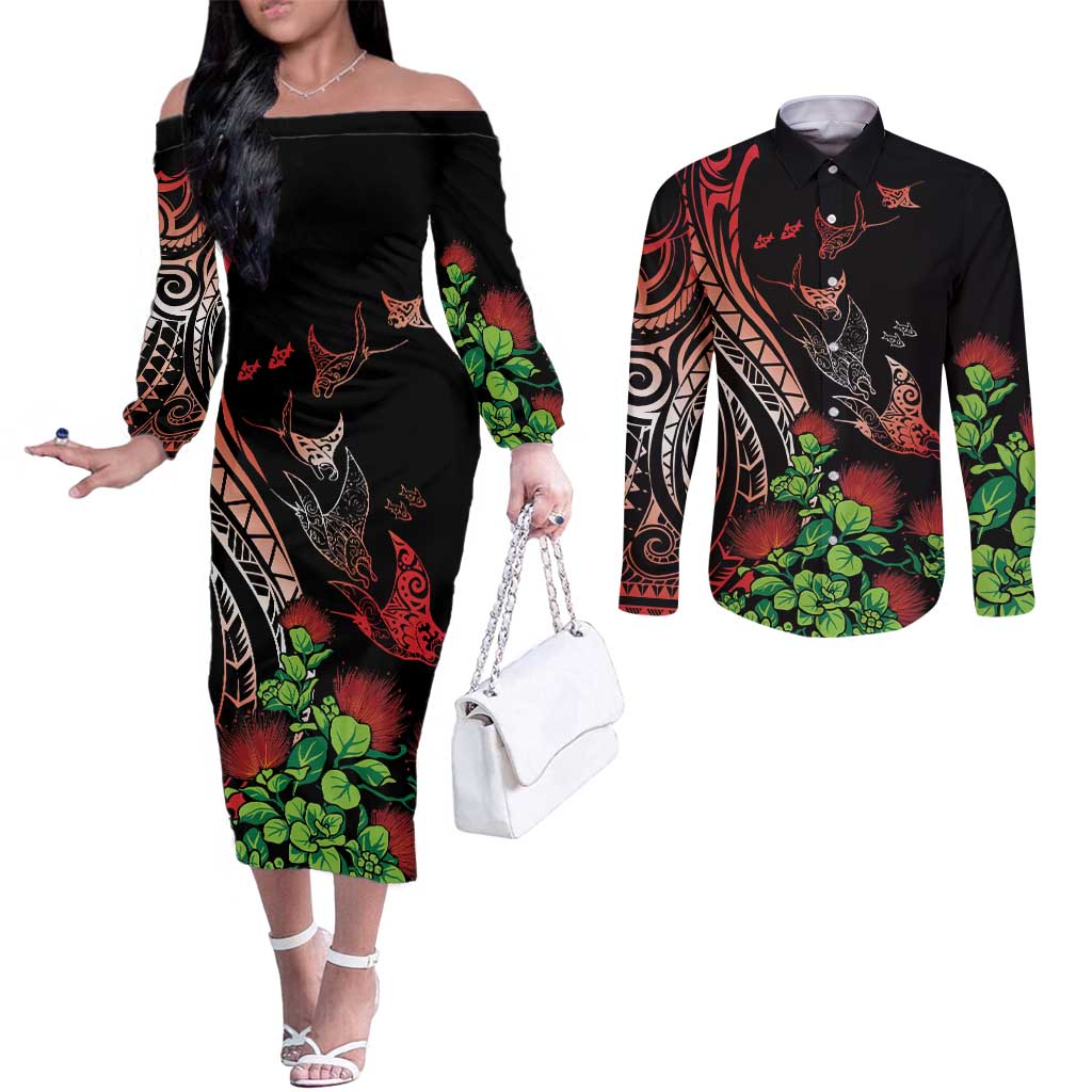 Aloha Hawaii Manta Rays Couples Matching Off The Shoulder Long Sleeve Dress and Long Sleeve Button Shirt Red Ohia Lehua LT7 Red - Polynesian Pride