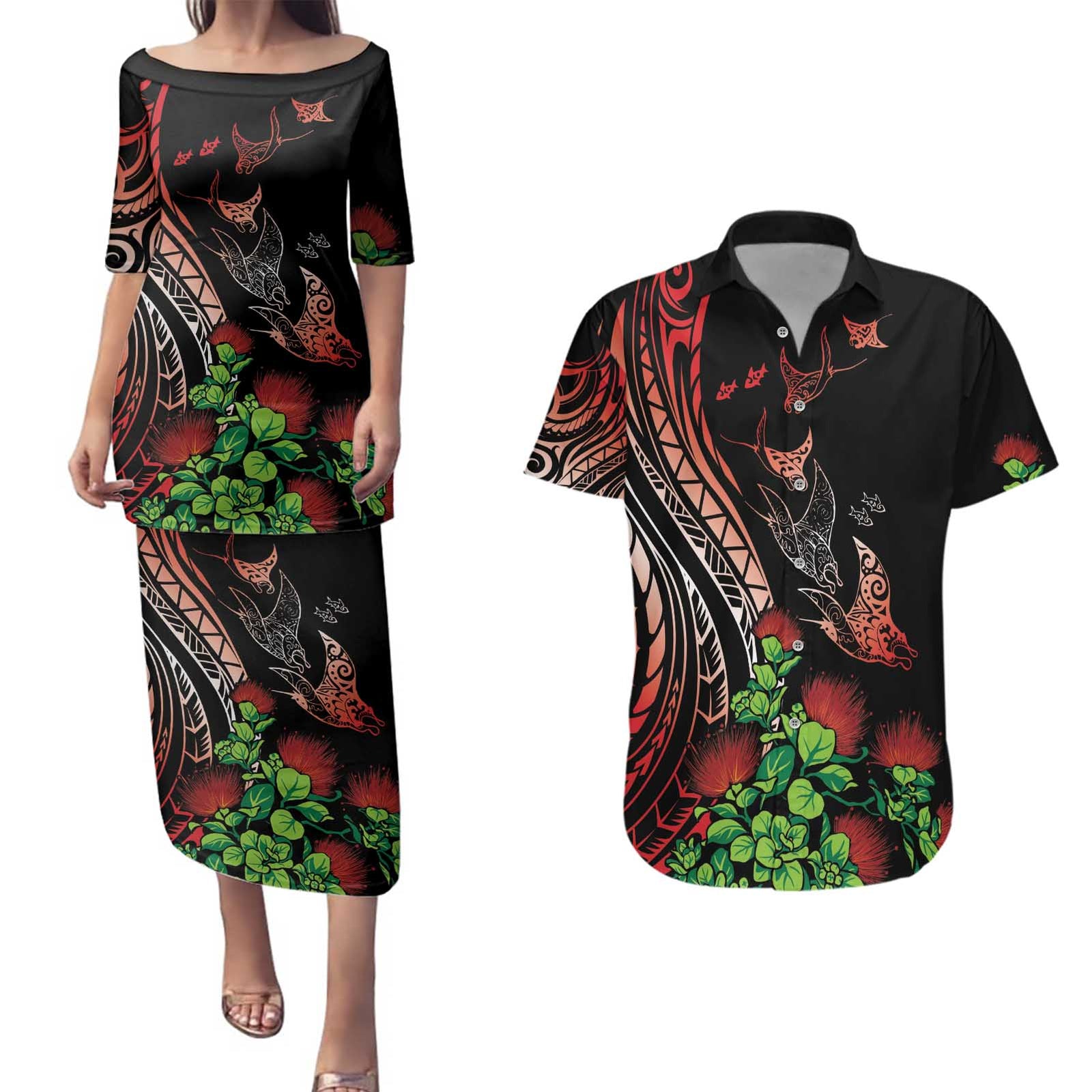 Aloha Hawaii Manta Rays Couples Matching Puletasi and Hawaiian Shirt Red Ohia Lehua LT7 Red - Polynesian Pride