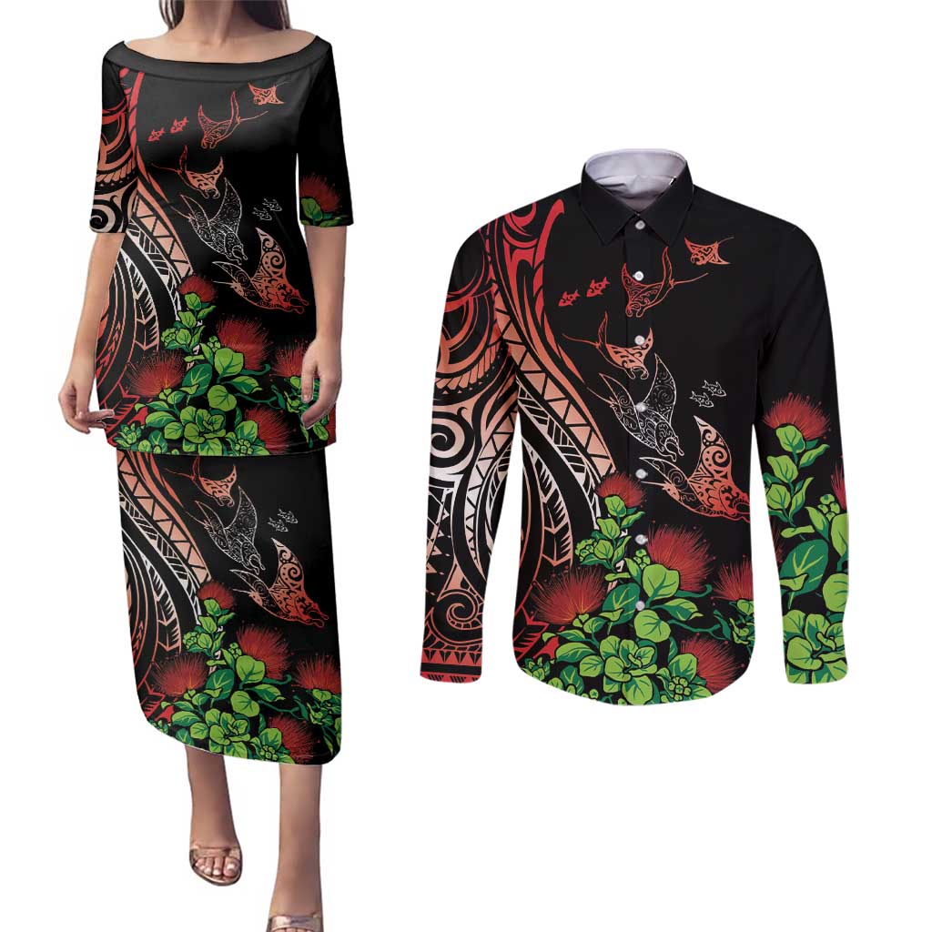 Aloha Hawaii Manta Rays Couples Matching Puletasi and Long Sleeve Button Shirt Red Ohia Lehua LT7 Red - Polynesian Pride