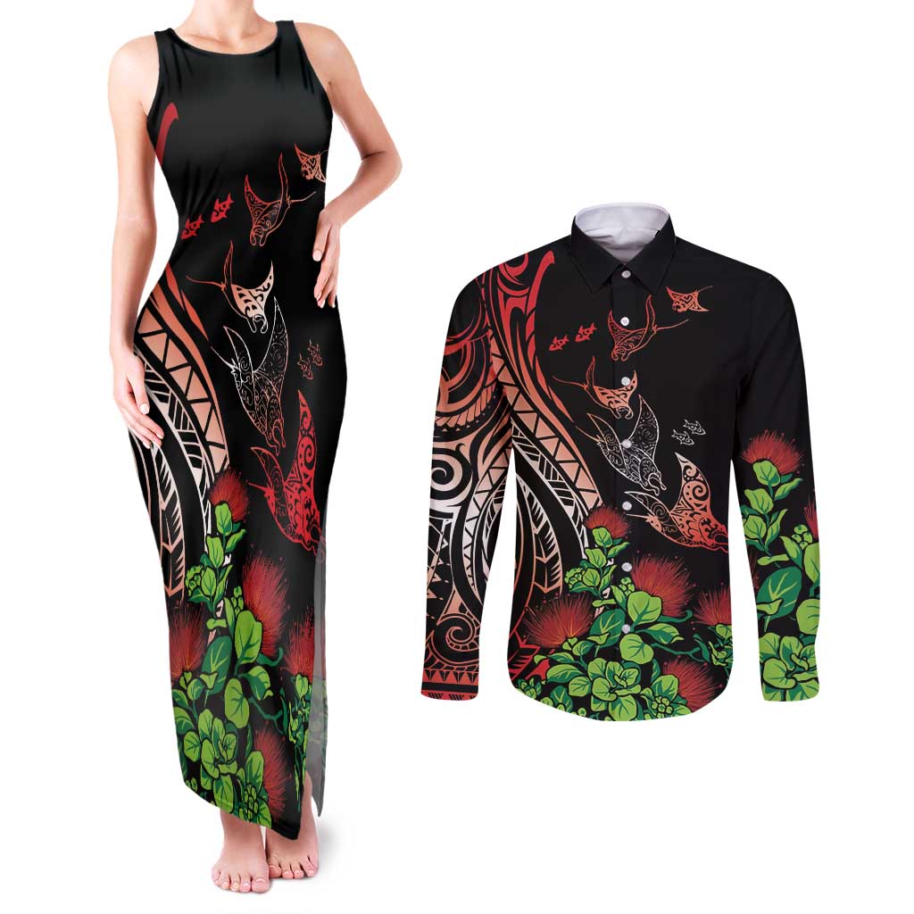 Aloha Hawaii Manta Rays Couples Matching Tank Maxi Dress and Long Sleeve Button Shirt Red Ohia Lehua LT7 Red - Polynesian Pride