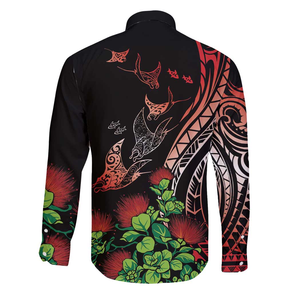Aloha Hawaii Manta Rays Family Matching Long Sleeve Bodycon Dress and Hawaiian Shirt Red Ohia Lehua