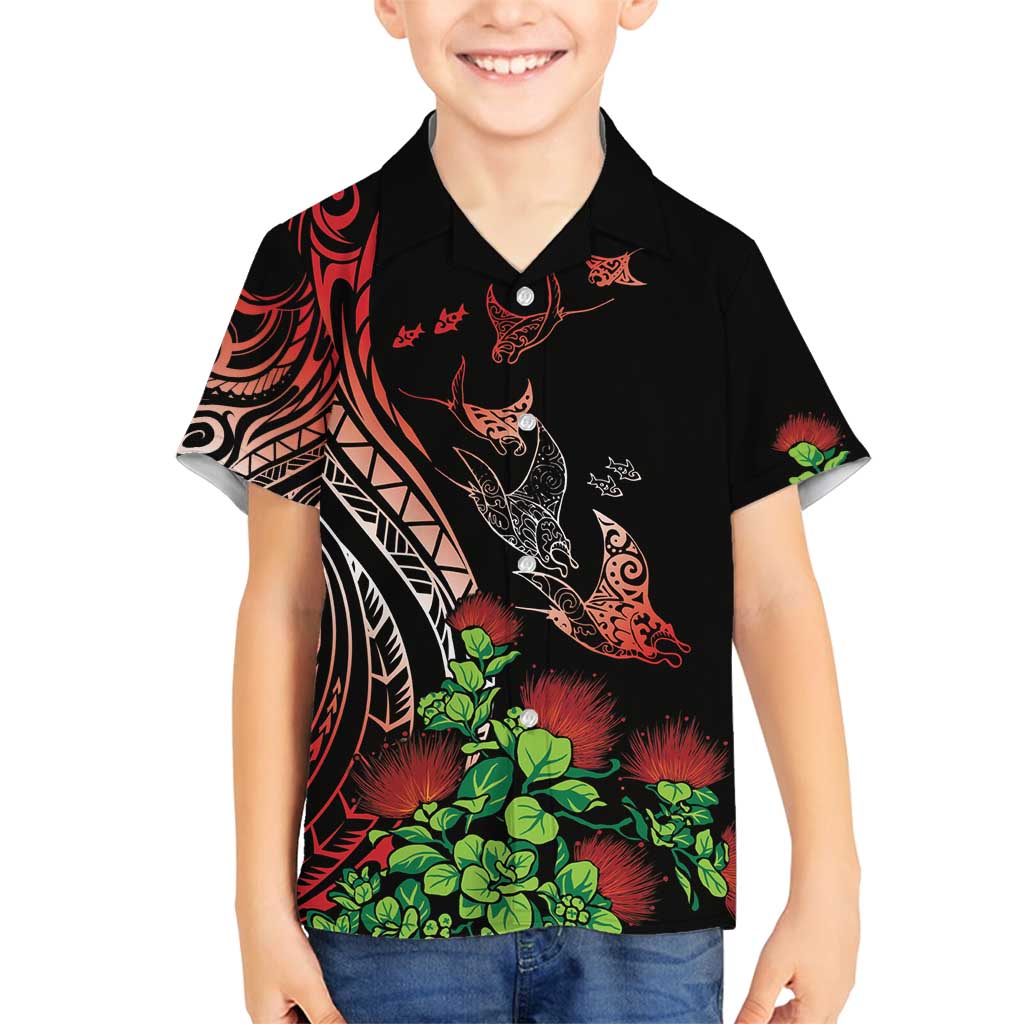 Aloha Hawaii Manta Rays Family Matching Long Sleeve Bodycon Dress and Hawaiian Shirt Red Ohia Lehua