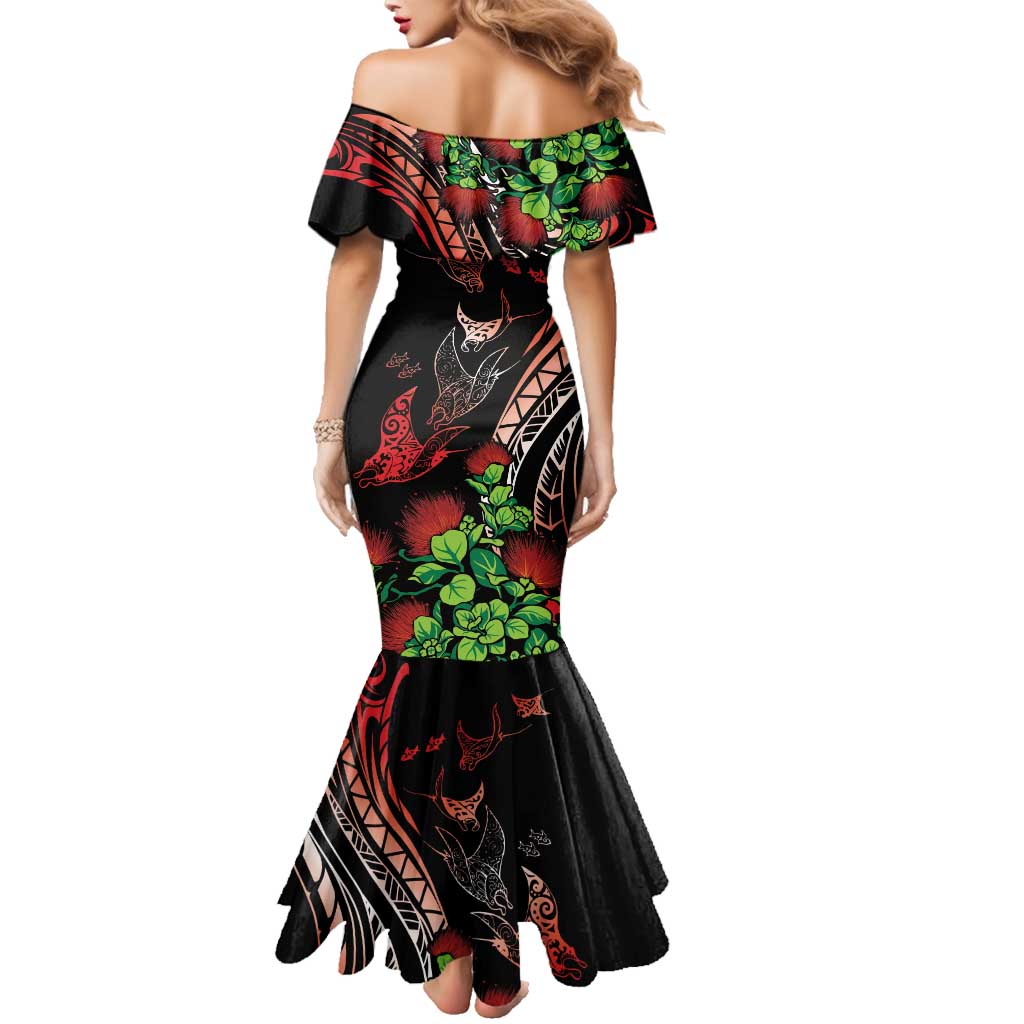 Aloha Hawaii Manta Rays Family Matching Mermaid Dress and Hawaiian Shirt Red Ohia Lehua