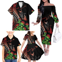 Aloha Hawaii Manta Rays Family Matching Off The Shoulder Long Sleeve Dress and Hawaiian Shirt Red Ohia Lehua