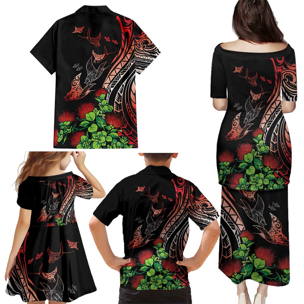 Aloha Hawaii Manta Rays Family Matching Puletasi and Hawaiian Shirt Red Ohia Lehua