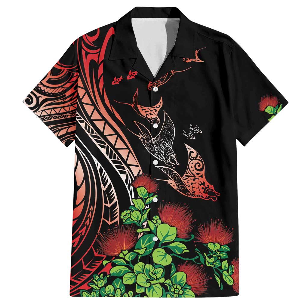 Aloha Hawaii Manta Rays Family Matching Puletasi and Hawaiian Shirt Red Ohia Lehua