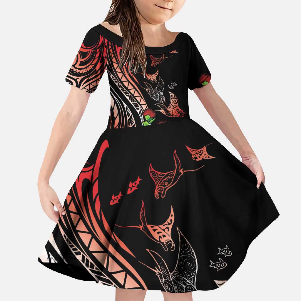 Aloha Hawaii Manta Rays Family Matching Short Sleeve Bodycon Dress and Hawaiian Shirt Red Ohia Lehua