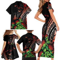 Aloha Hawaii Manta Rays Family Matching Short Sleeve Bodycon Dress and Hawaiian Shirt Red Ohia Lehua