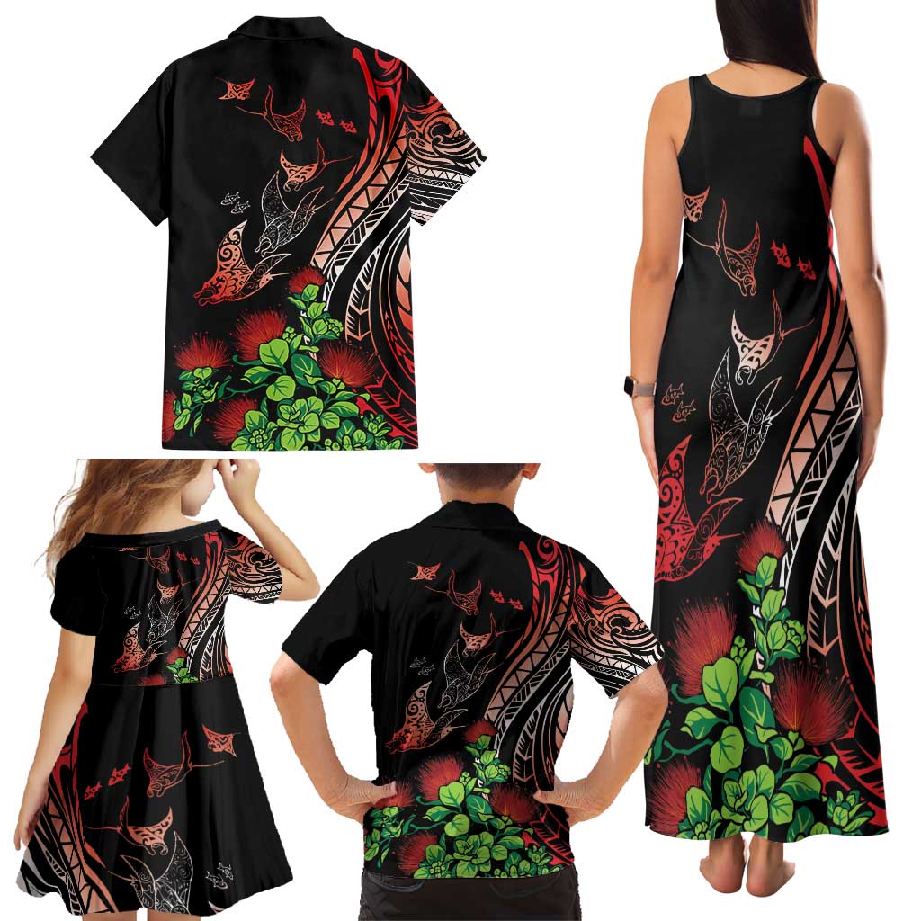 Aloha Hawaii Manta Rays Family Matching Tank Maxi Dress and Hawaiian Shirt Red Ohia Lehua