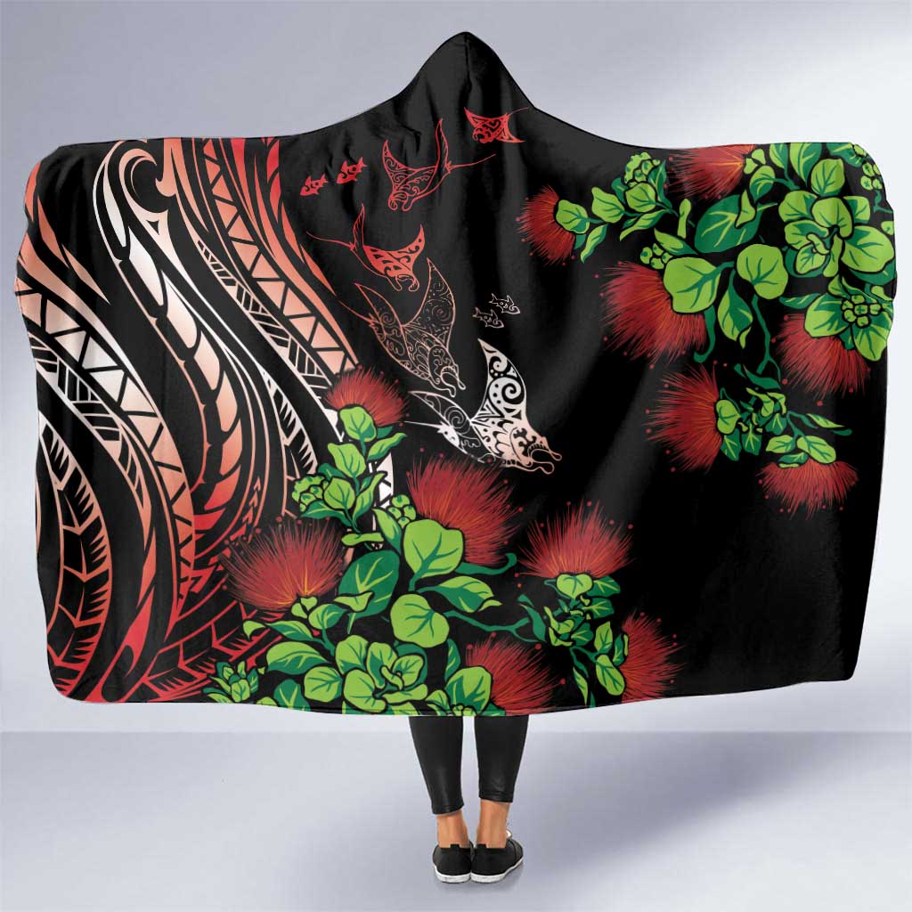 Aloha Hawaii Manta Rays Hooded Blanket Red Ohia Lehua LT7 One Size Red - Polynesian Pride