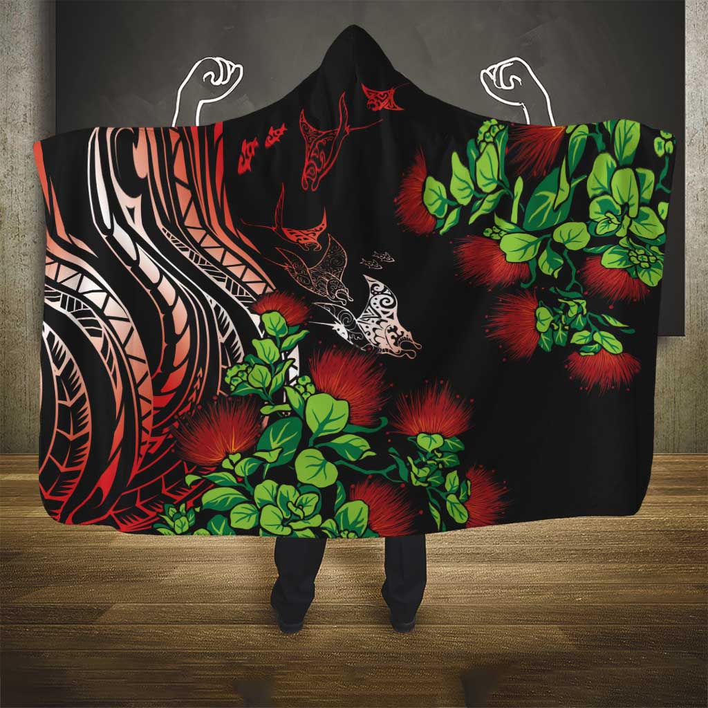 Aloha Hawaii Manta Rays Hooded Blanket Red Ohia Lehua LT7 - Polynesian Pride