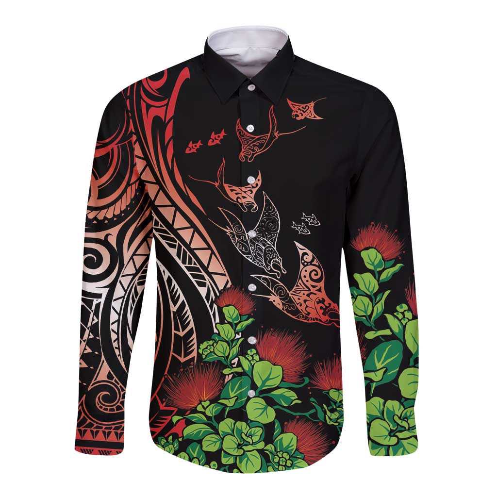 Aloha Hawaii Manta Rays Long Sleeve Button Shirt Red Ohia Lehua LT7 Unisex Red - Polynesian Pride