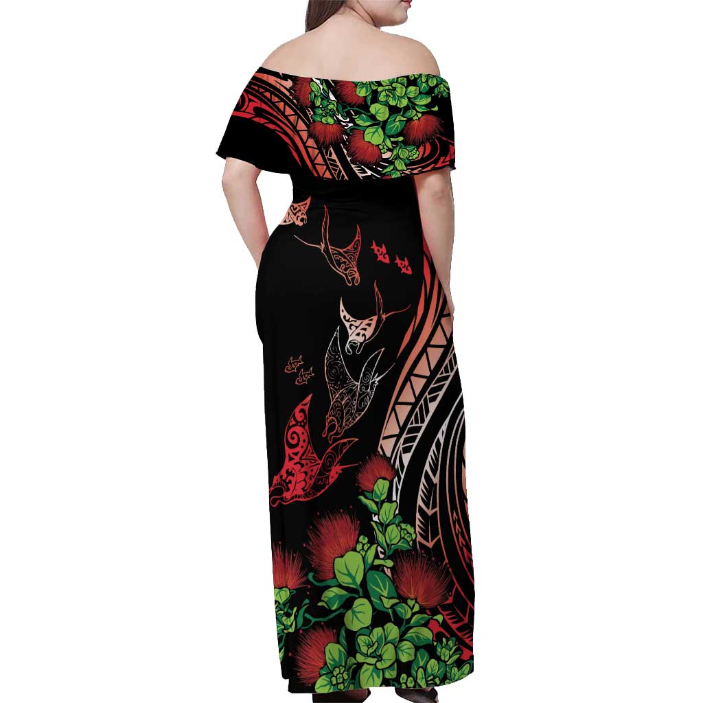 Aloha Hawaii Manta Rays Off Shoulder Maxi Dress Red Ohia Lehua