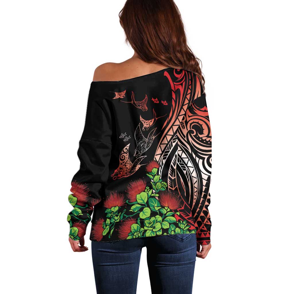 Aloha Hawaii Manta Rays Off Shoulder Sweater Red Ohia Lehua
