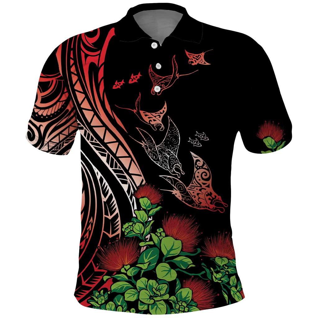 Aloha Hawaii Manta Rays Polo Shirt Red Ohia Lehua