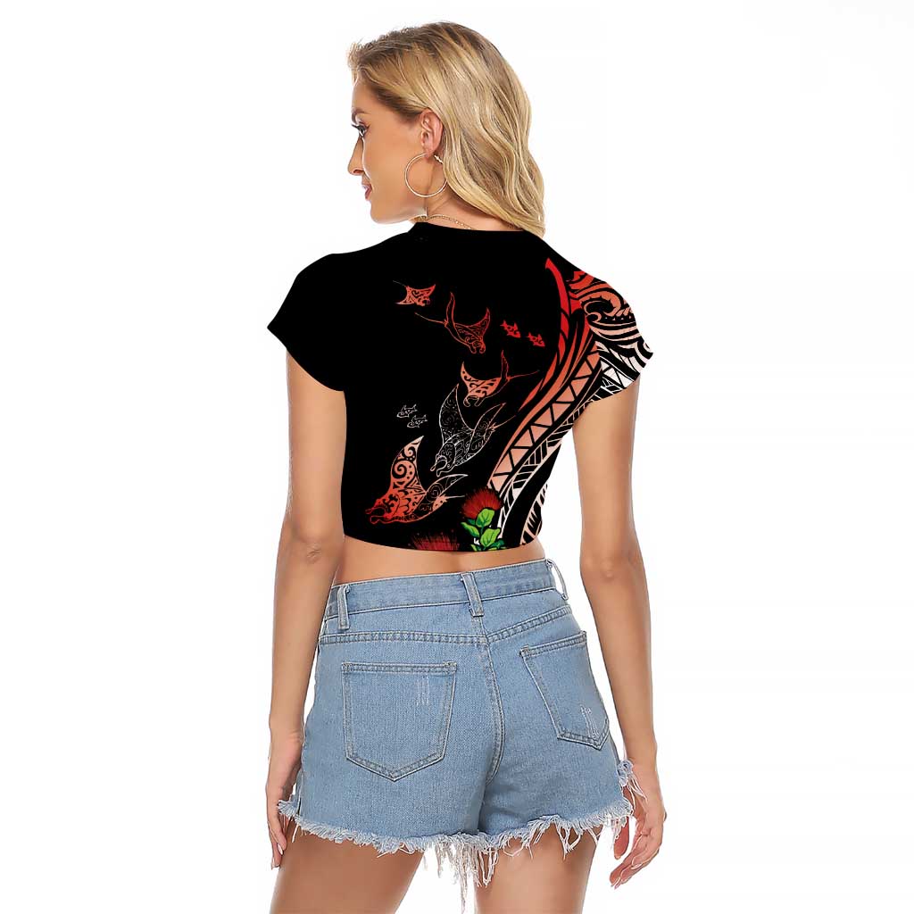 Aloha Hawaii Manta Rays Raglan Cropped T Shirt Red Ohia Lehua LT7 - Polynesian Pride