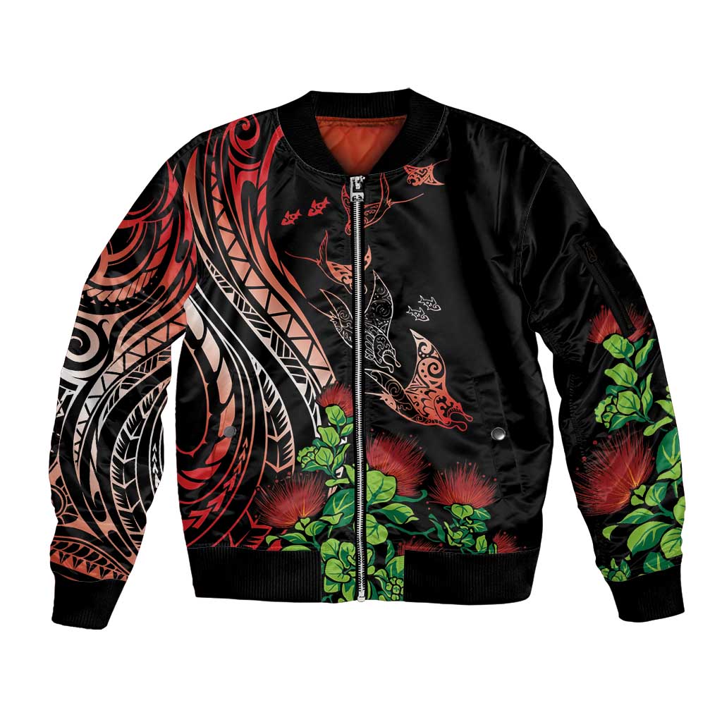 Aloha Hawaii Manta Rays Sleeve Zip Bomber Jacket Red Ohia Lehua