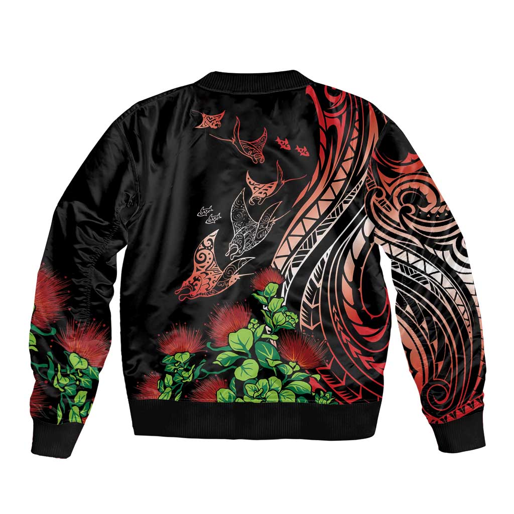 Aloha Hawaii Manta Rays Sleeve Zip Bomber Jacket Red Ohia Lehua