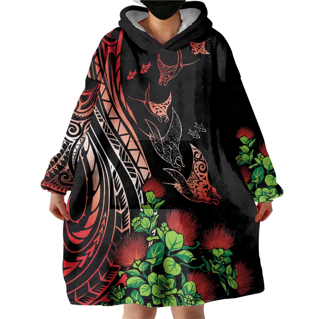 Aloha Hawaii Manta Rays Wearable Blanket Hoodie Red Ohia Lehua LT7 - Polynesian Pride